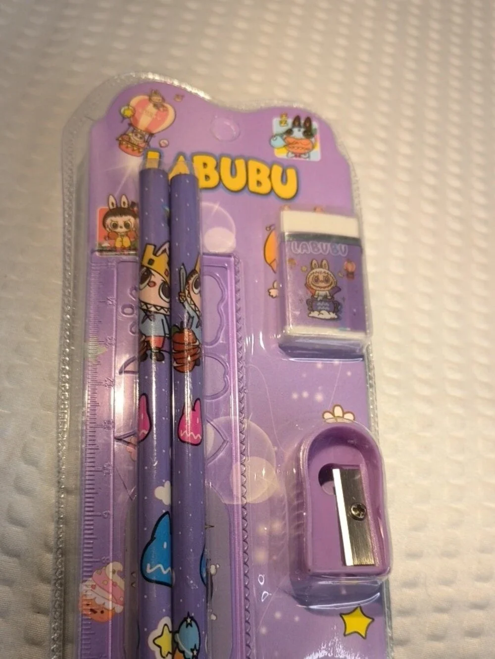 Labubu Purple Kids Stationery Set - Pencils, Ruler, Sharpener & Eraser